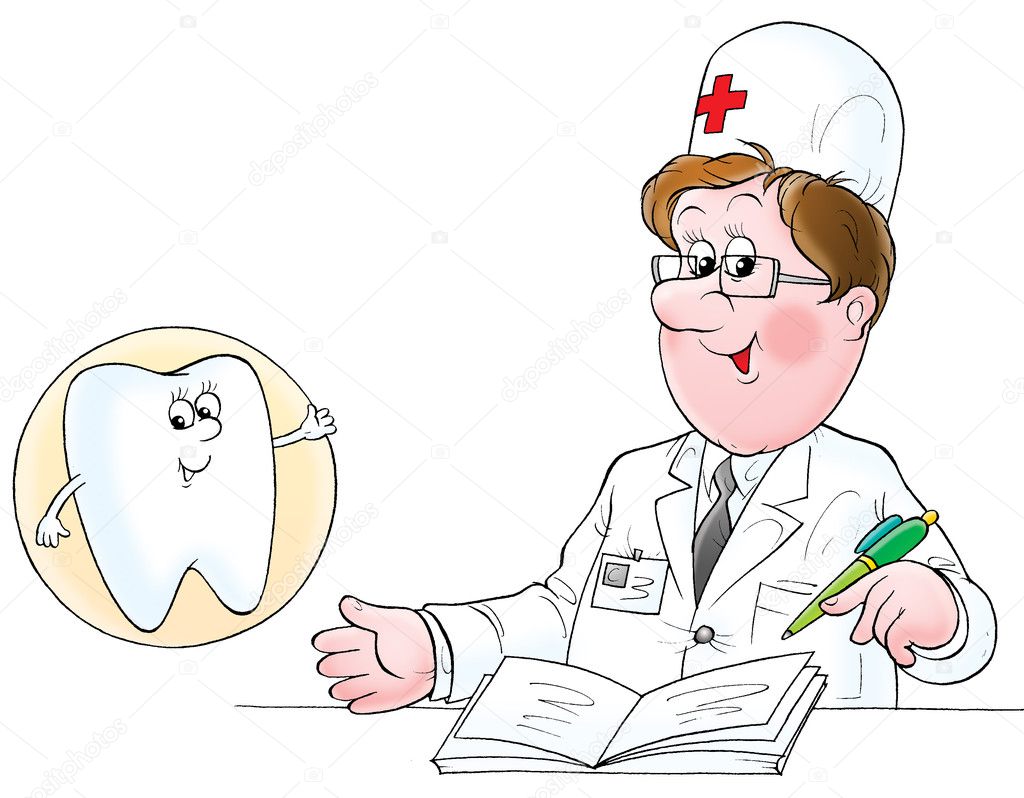 Tooth character talking to a dentist as he writes in a book, on a white background.