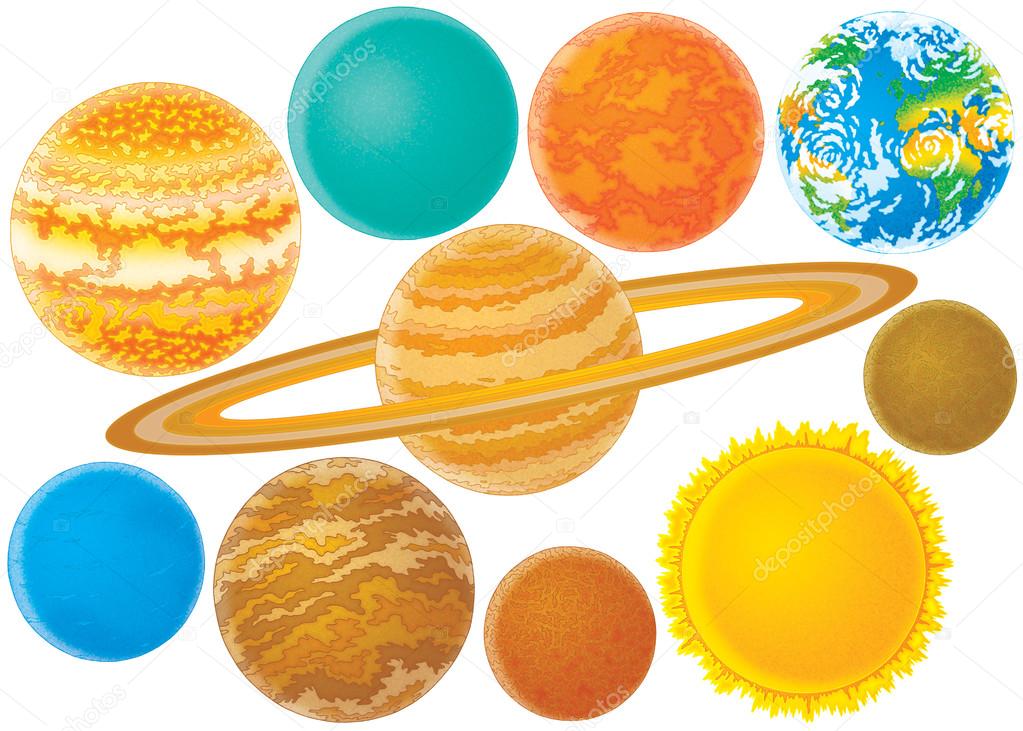 Colorful planets of the solar system, on a white background.
