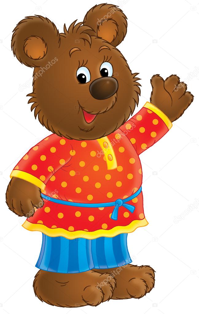 Friendly bear in clothes, waving and smiling