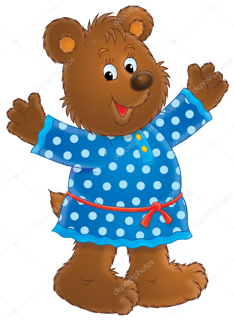 Happy bear in a blue polka dog dress