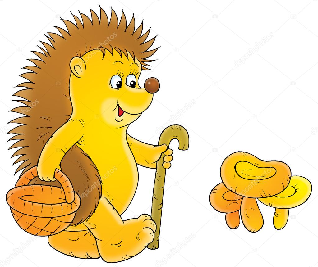 Hedgehog walking with a cane and basket