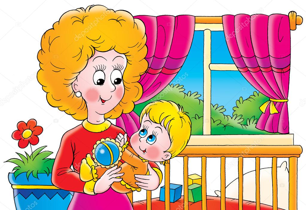 Loving mother holding her child in her arms and playing with a rattle.
