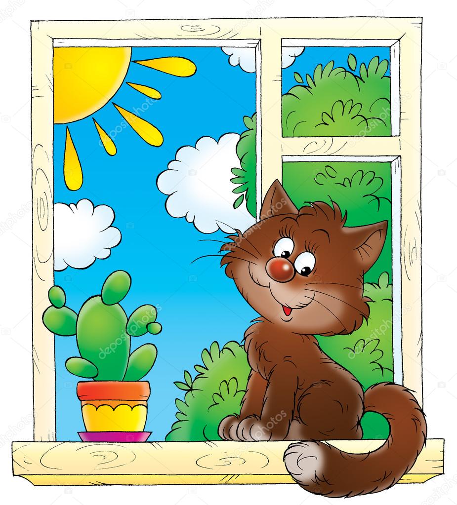 Cute brown house cat sitting by a cactus in a window