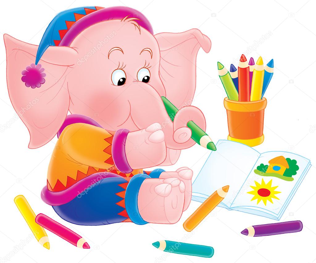 Artistic pink elephant sitting on the floor and drawing pictures