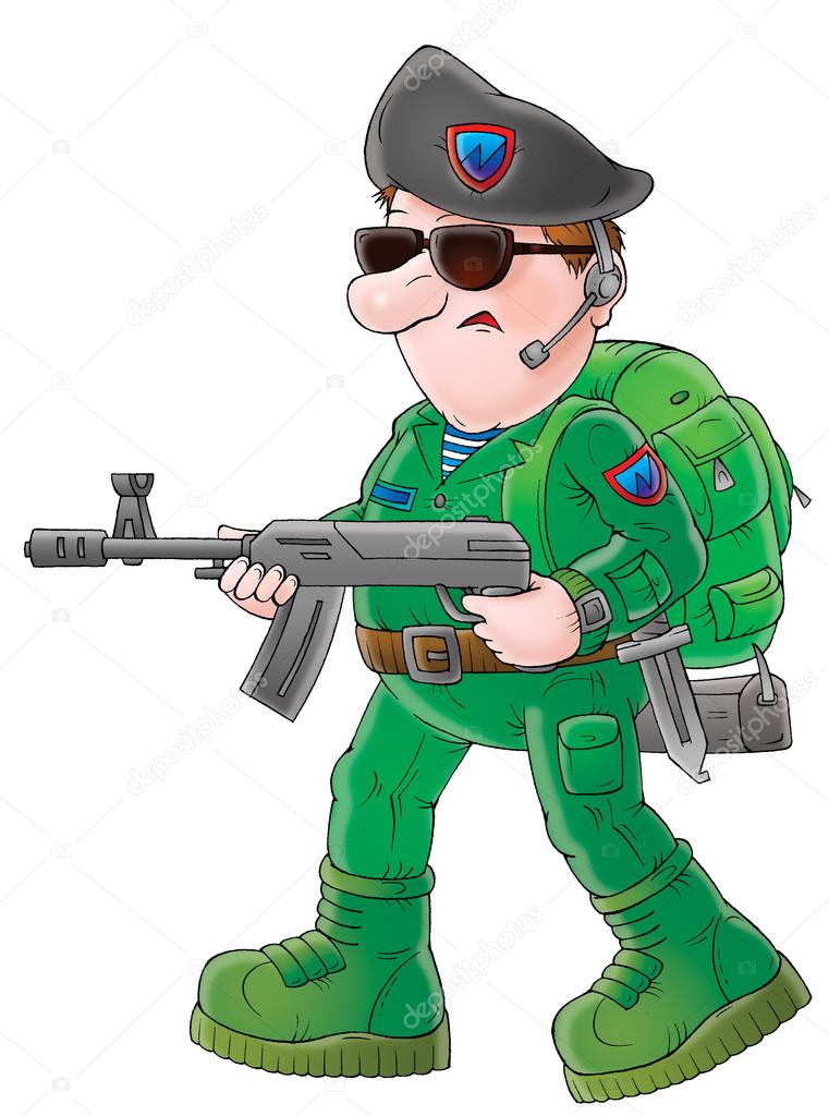Soldier in green, carrying a weapon and wearing a headset, on a white background.