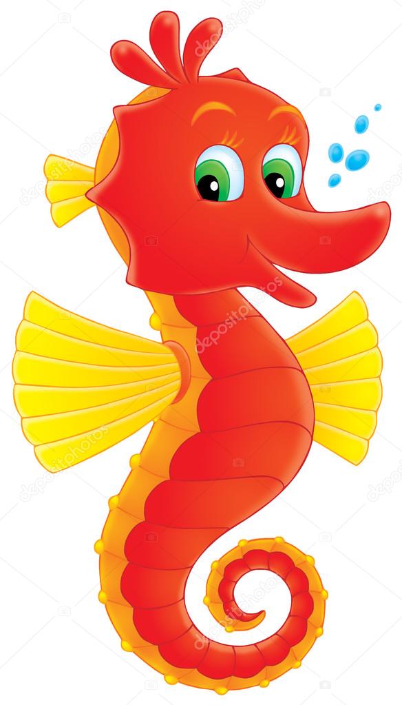 Cute red and yellow seahorse with green eyes
