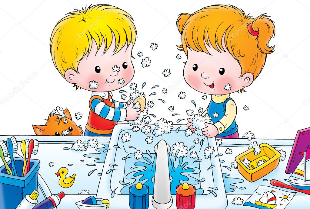 Children making a mess while washing their hands with soap