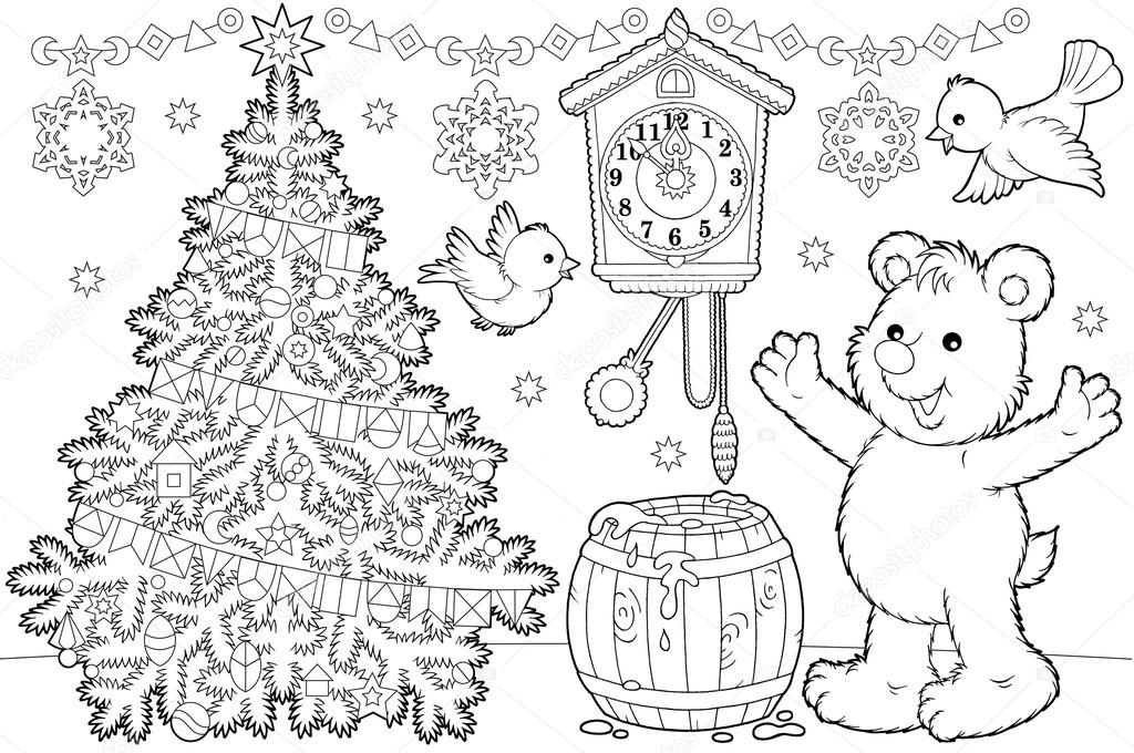 Bear and birds by a christmas tree.
