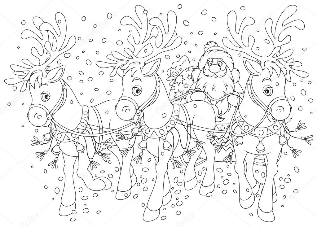 Outlined santa and reindeer sleigh.