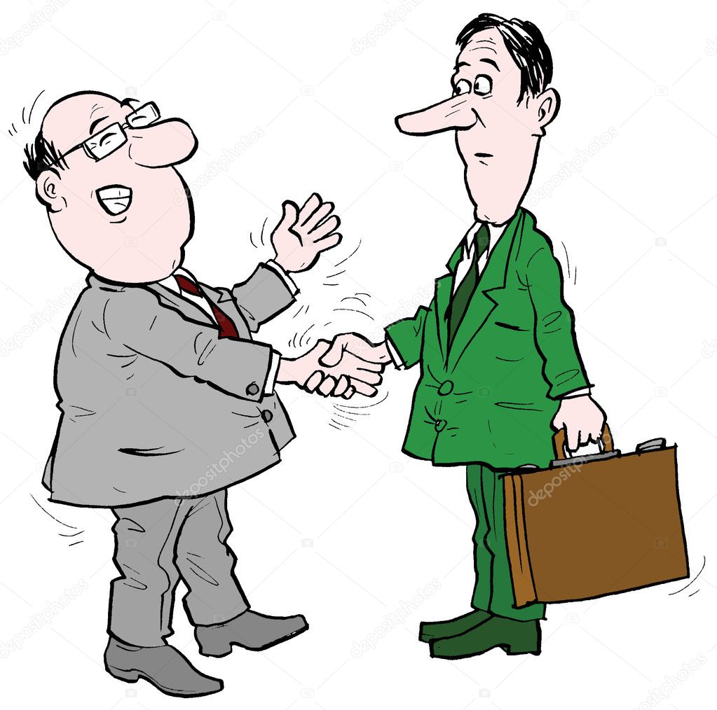 Friendly businessman nervously chatting while shaking hands with a manager
