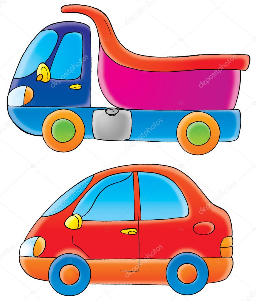 blue and pink dump truck and a red car