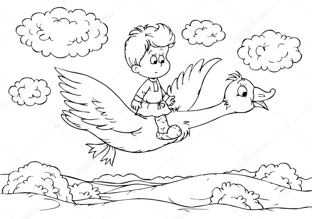 Boy flying on a goose