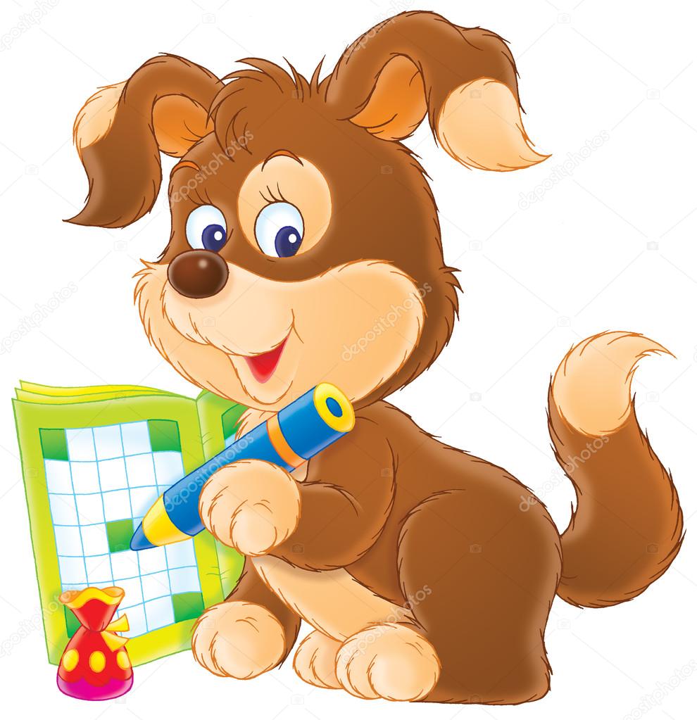 Brown puppy dog writing in an activity book with a blue pencil.