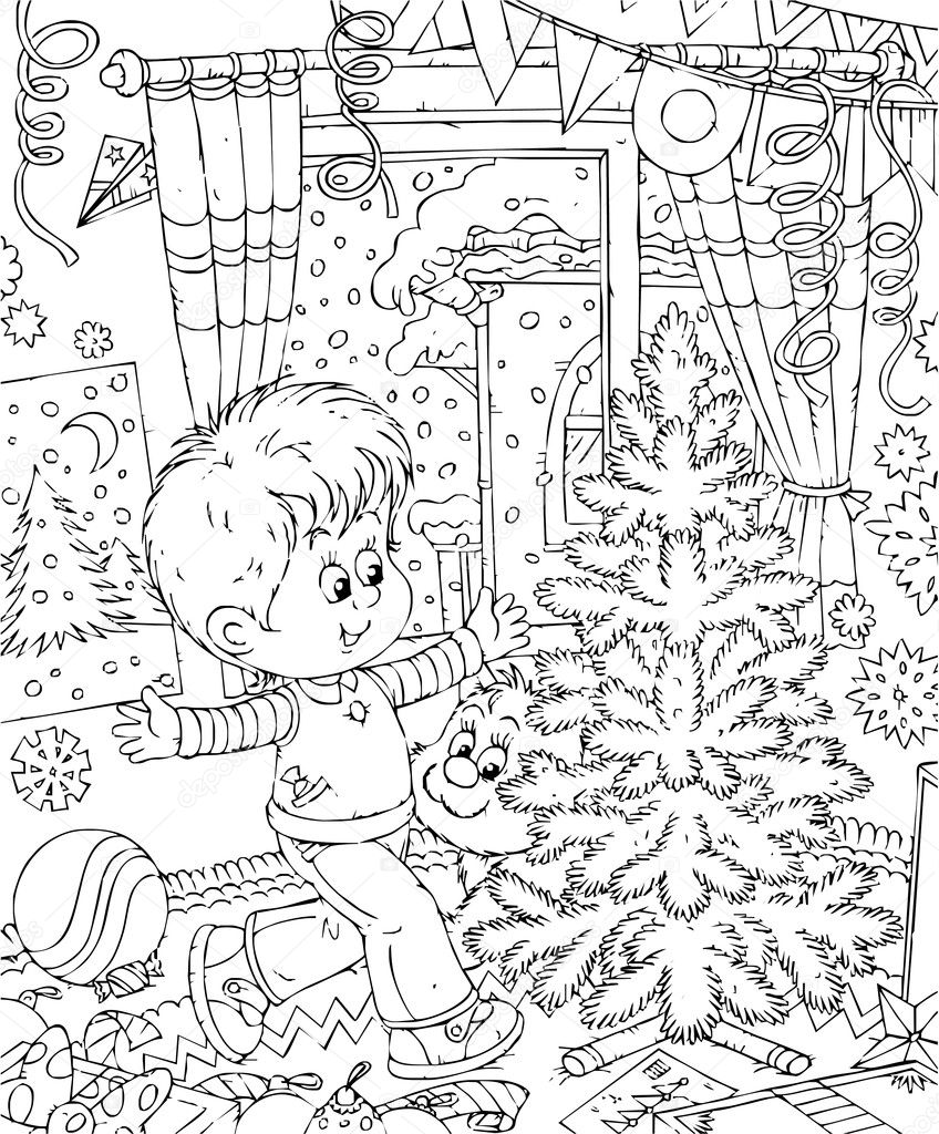 boy and cat indoors by a christmas tree.