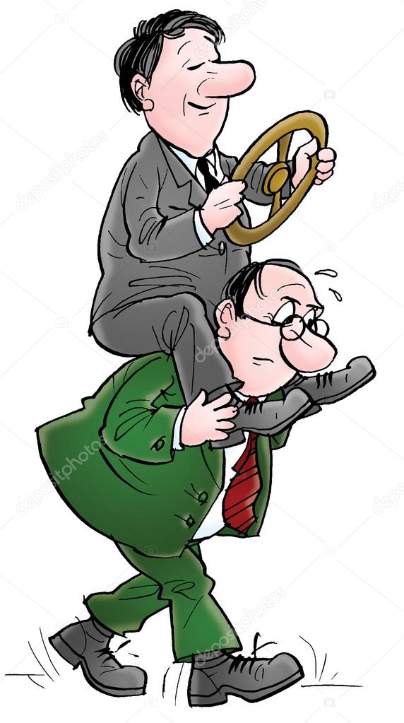 Businessman steering a wheel on the shoulders of a stressed man