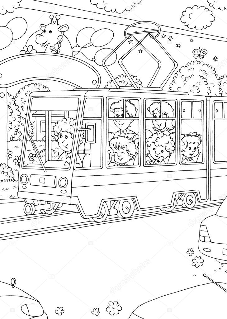 Coloring page outline of people using a public tram, on a white background.