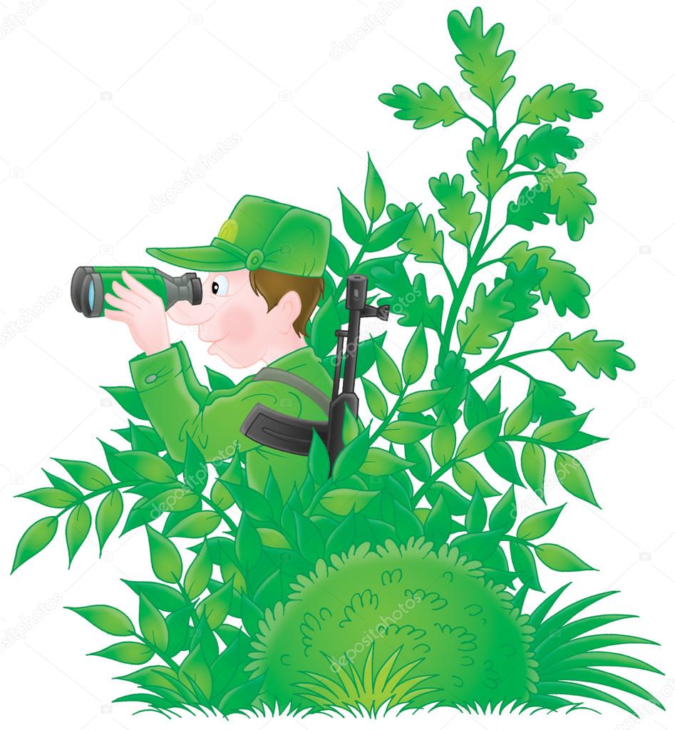 Army man hiding in plants and using binoculars