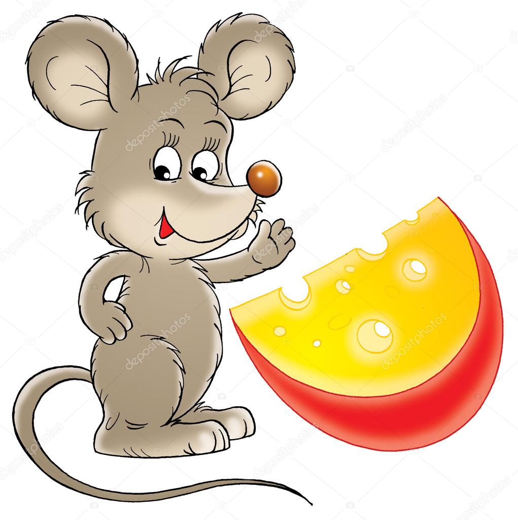 Mouse waving and standing with a wedge of cheese