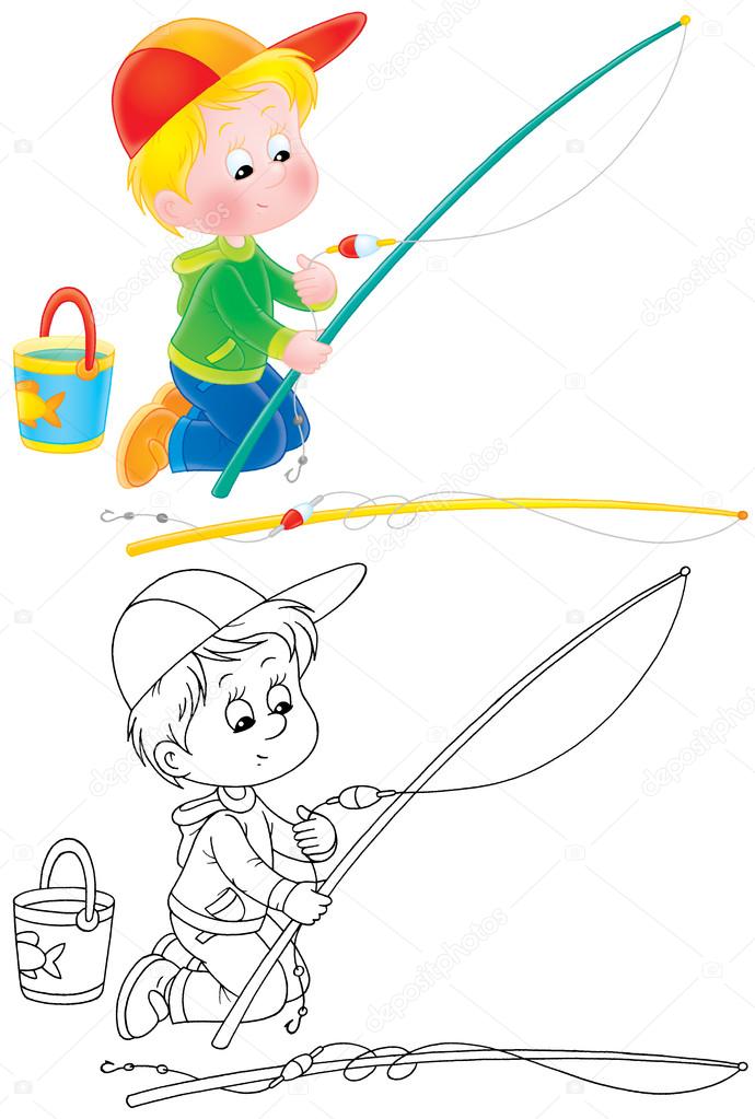 Boy kneeling and preparing a fishing pole