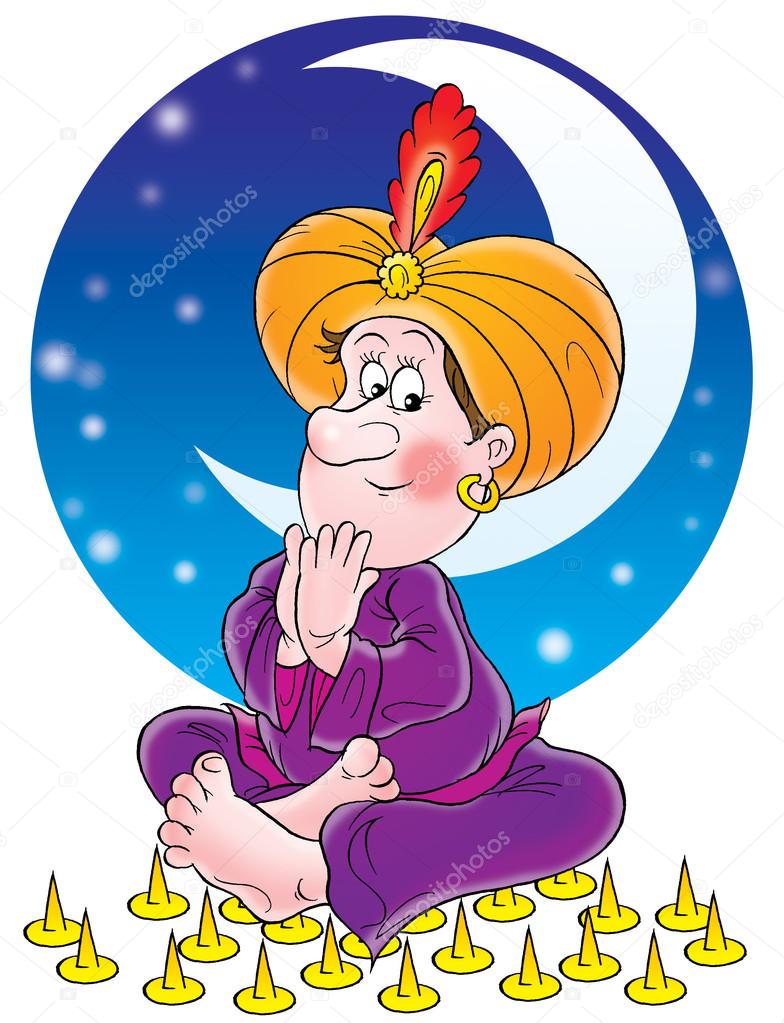 Male gypsy seated on top of sharp pins, over a background of stars and a crescent moon, on a white background.