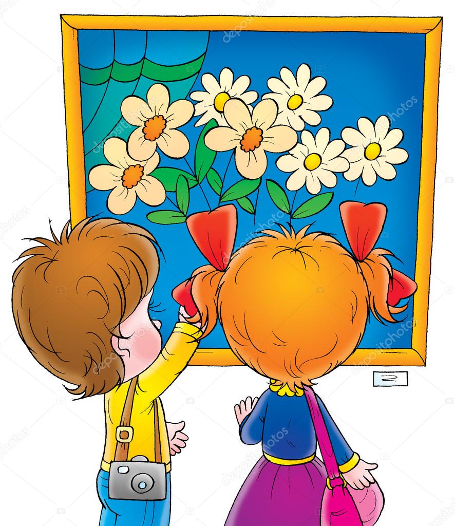 Little boy and girl admiring a painting of flowers in a museum or art gallery, on a white background.