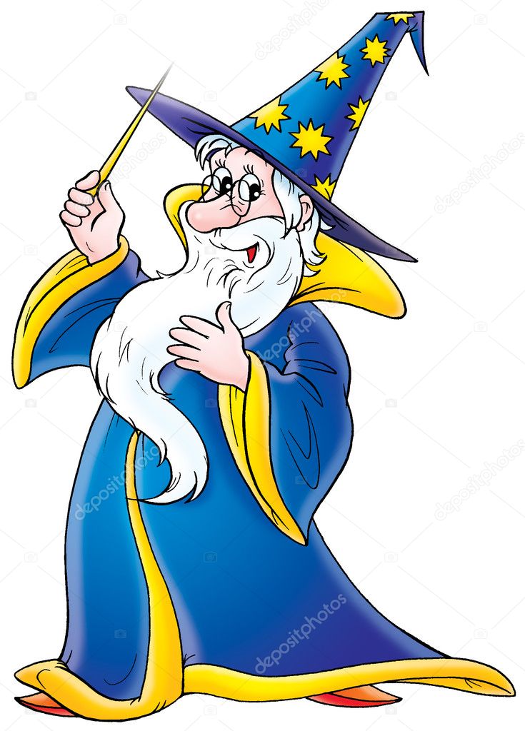 Friendly male wizard in a blue and yellow hat and cape