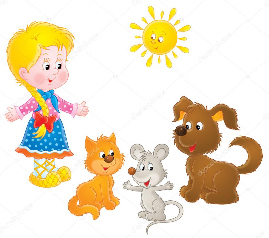 Illustrazione stock Ragazza bionda con gatto, topo e cane di ©AlexBannykh  #31117583, image size:1023x905