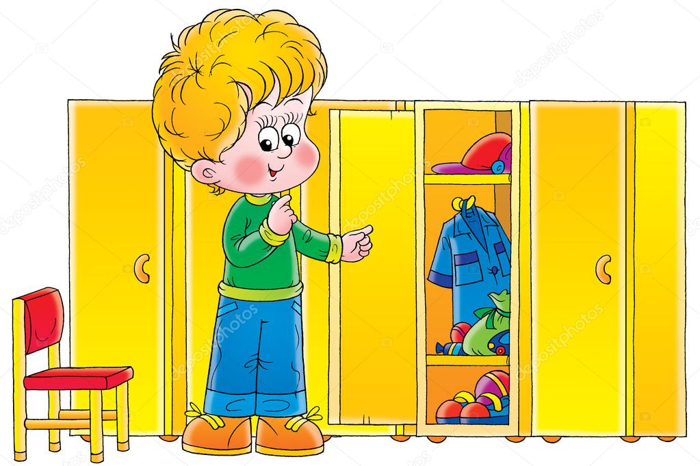 Blond boy looking at messy shelves in a locker room