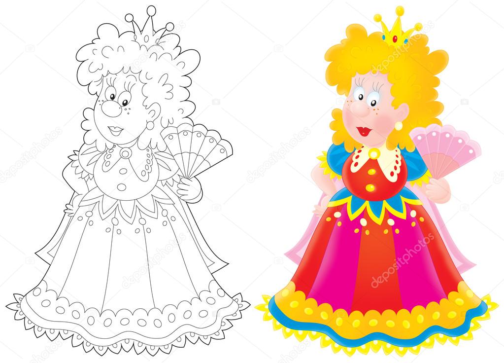 Colored and outlined queens holding hand fans