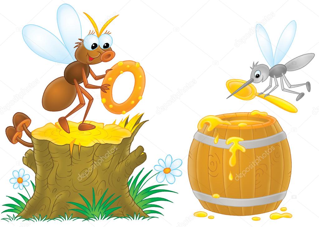 fly holding a donut on a stump while a mosquito scoops honey out of a barrel