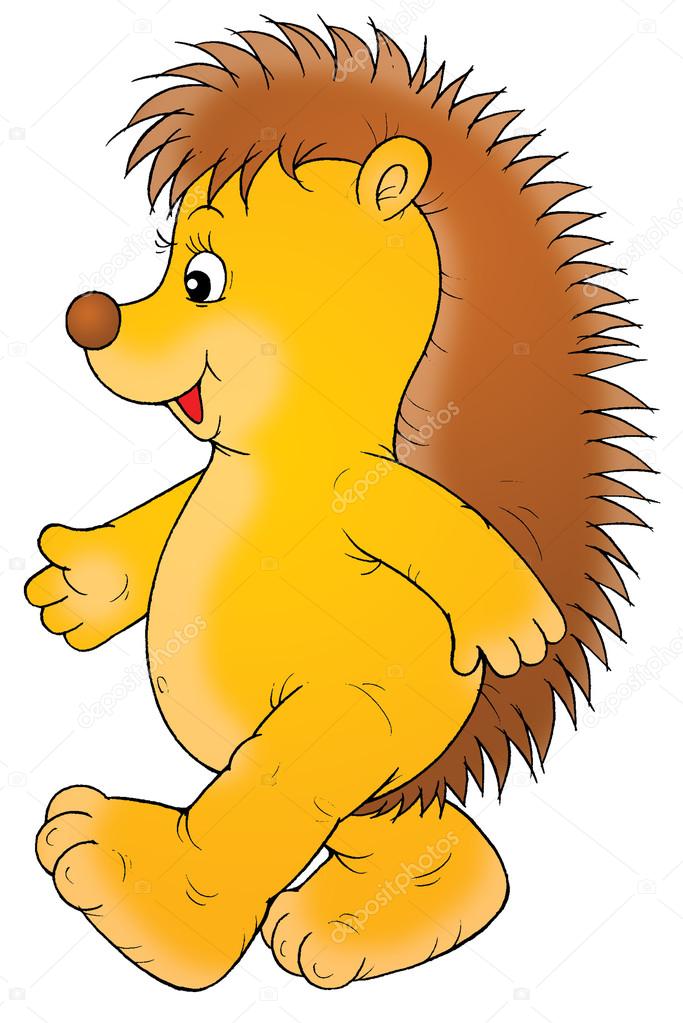 Cute and happy hedgehog walking upright on its hind legs, facing to the left, on a white background.