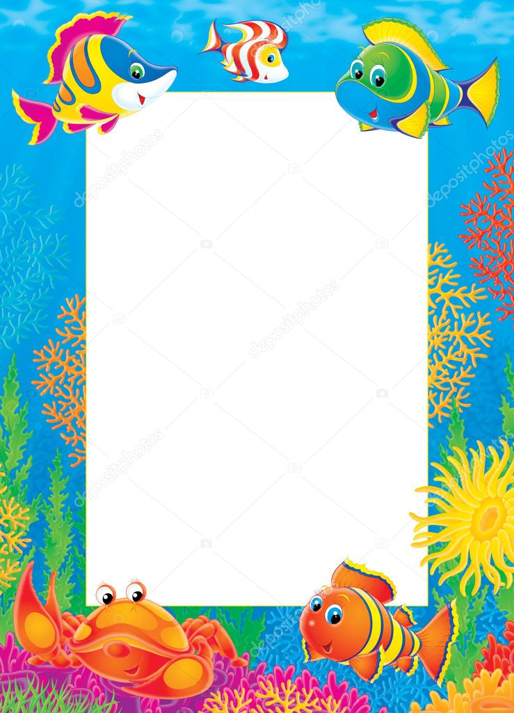 Underwater stationery border of saltwater fish and crabs at a reef