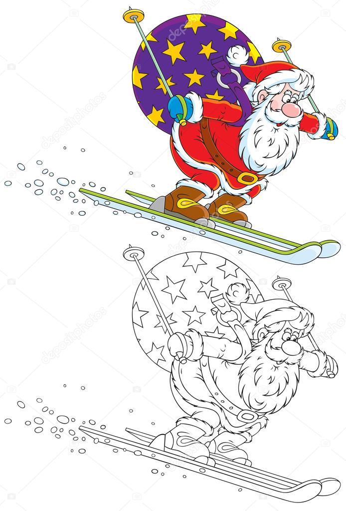 Santa skiing with Christmas gifts