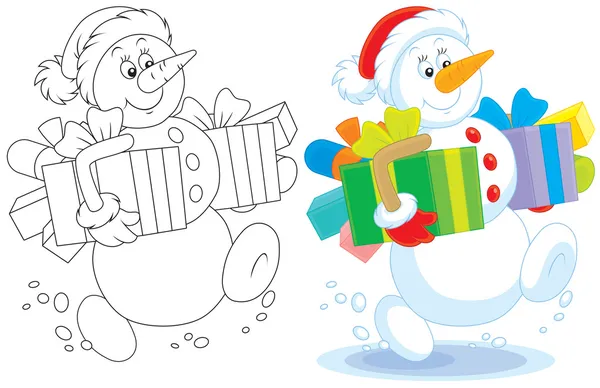 Muñeco de nieve con regalos de Navidad — Vector de stock