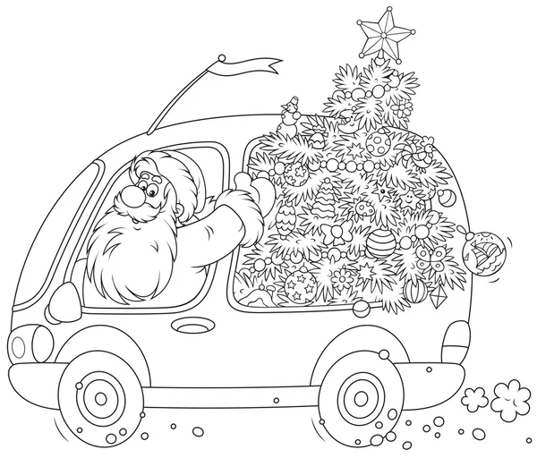 Santa draagt een kerstboom — Stockvector