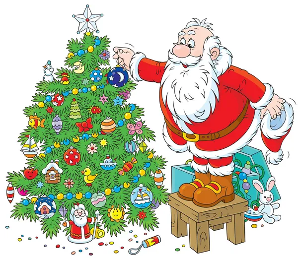 Babbo Natale che decora un albero di Natale — Vettoriale Stock
