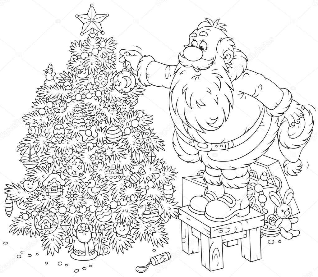 Santa decorates a Christmas tree