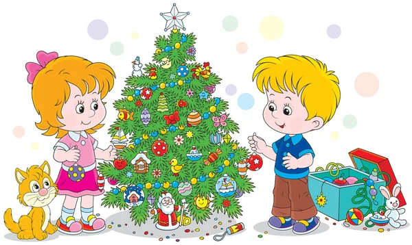 Children decorating a Christmas tree — Stock Illustration Children decorating a Christmas tree Royalty Free Stock Illustrations