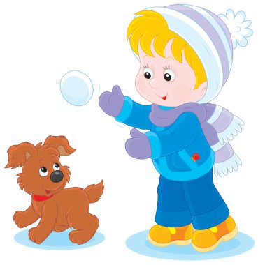 Child plays with a pup clipart