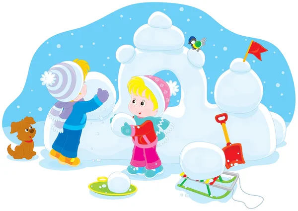 Παιδιά κτίριο ένα χιόνι φρούριο — Διανυσματικό Αρχείο