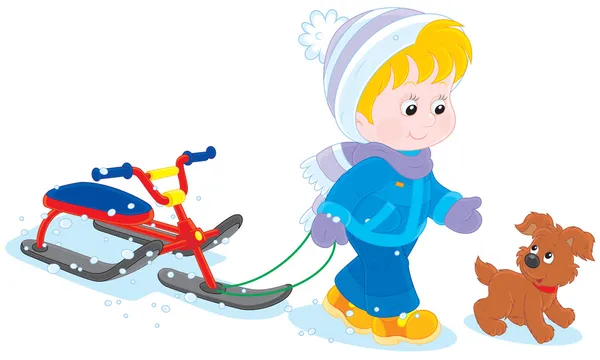 Niño con una moto de nieve y cachorro — Vector de stock