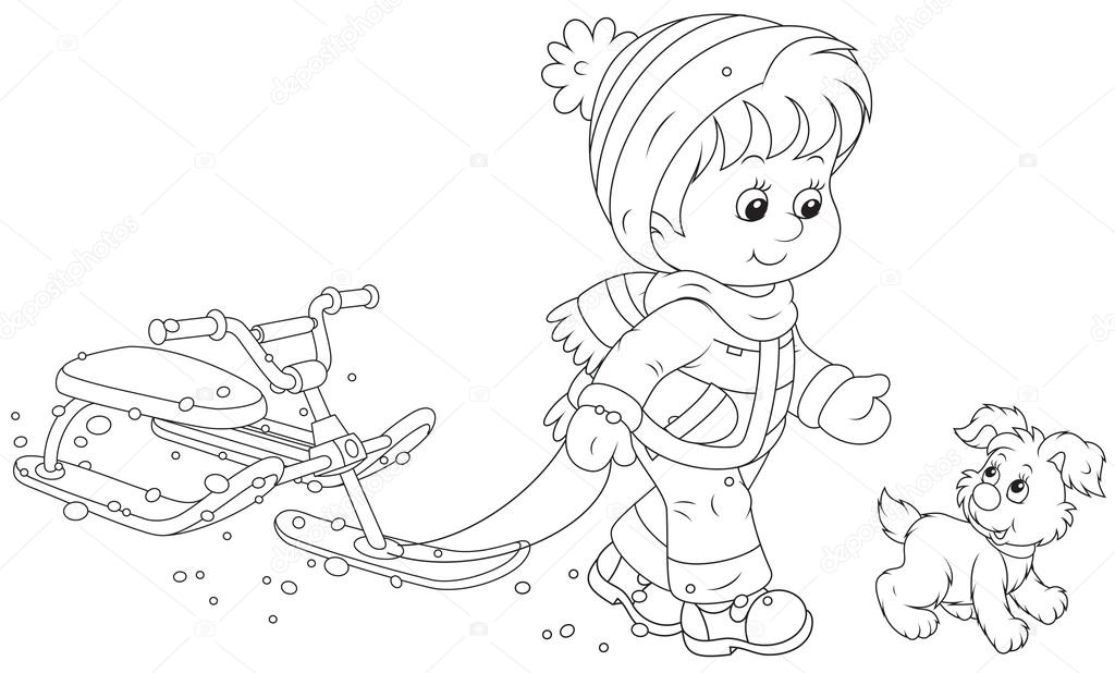 Child walking with a snow scooter