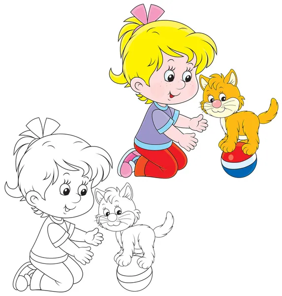 Chica y gatito — Vector de stock