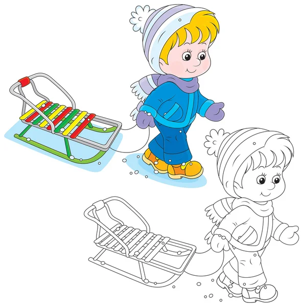 Child walks with a sleigh — Stock Vector