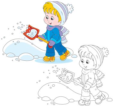 Çocuk bir kar küreği ile