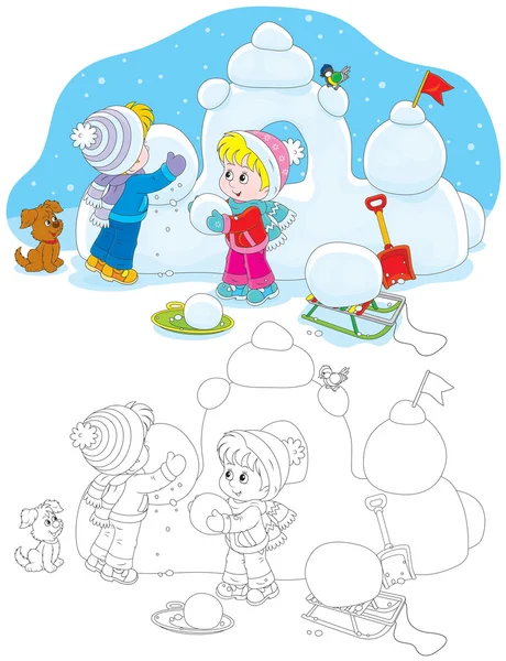 Niños construyendo un fuerte de nieve — Vector de stock