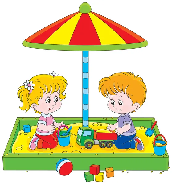 Crianças brincam em uma caixa de areia — Vetor de Stock