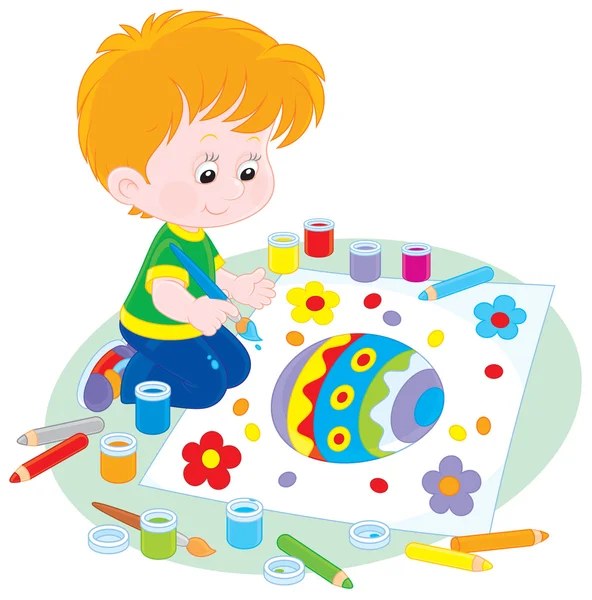 Boy draws an Easter egg — Stock Vector