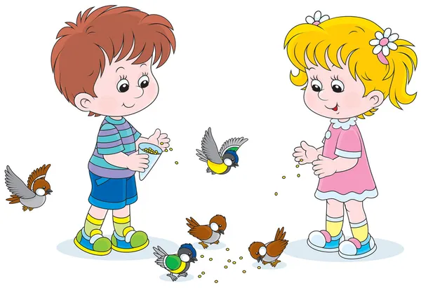Junge und Mädchen füttern Vögel — Stockvektor