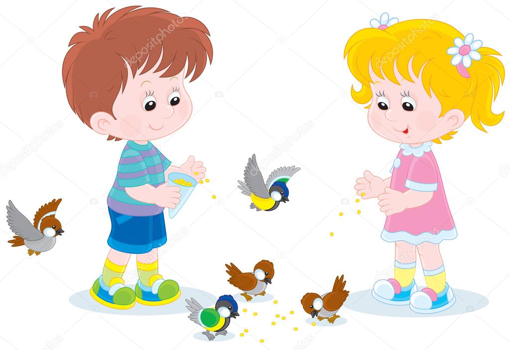 Children feed small birds